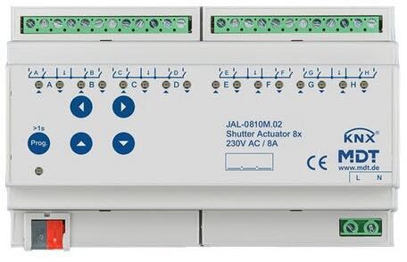 KNX Jalousieaktor 8-fach mit Fahrzeitmessung, 8TE, REG, 10A, 230VAC, von MDT