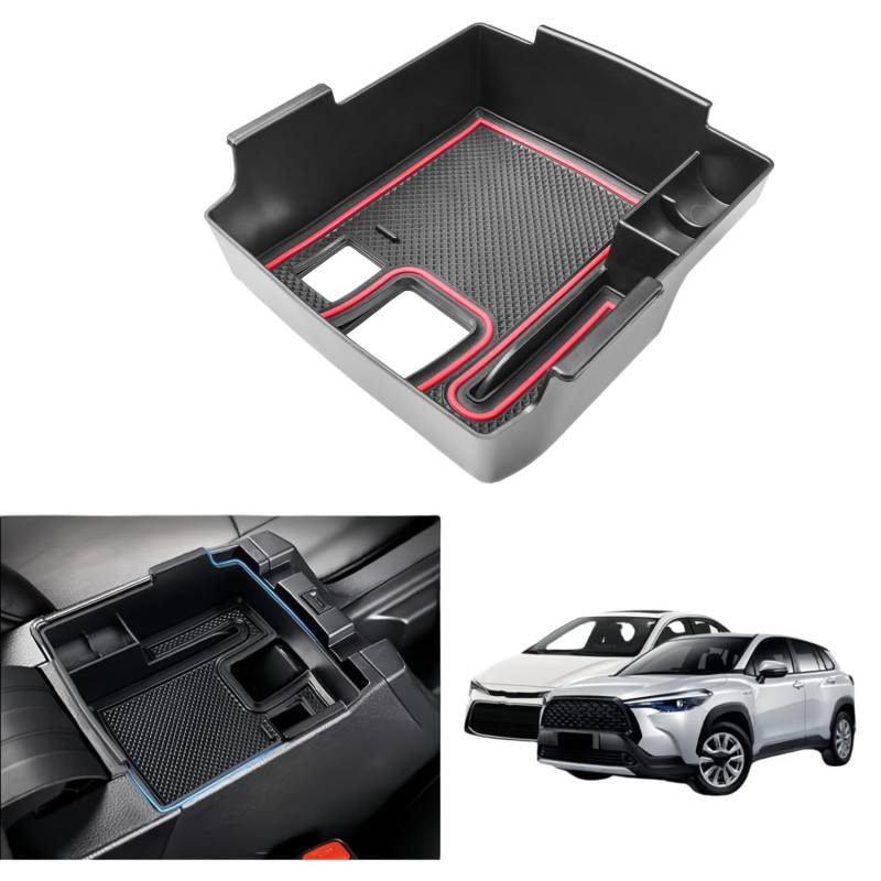 MEDZUK【4 Farben】Kompatibel mit Toyota Corolla E210 | Cross | Touring Sports 2019-2023 2024 Auto Mittelkonsole Aufbewahrungsbox Armlehnen Organizer Tray Zubehör mit Rutschfester Matte (Rot) von MEDZUK