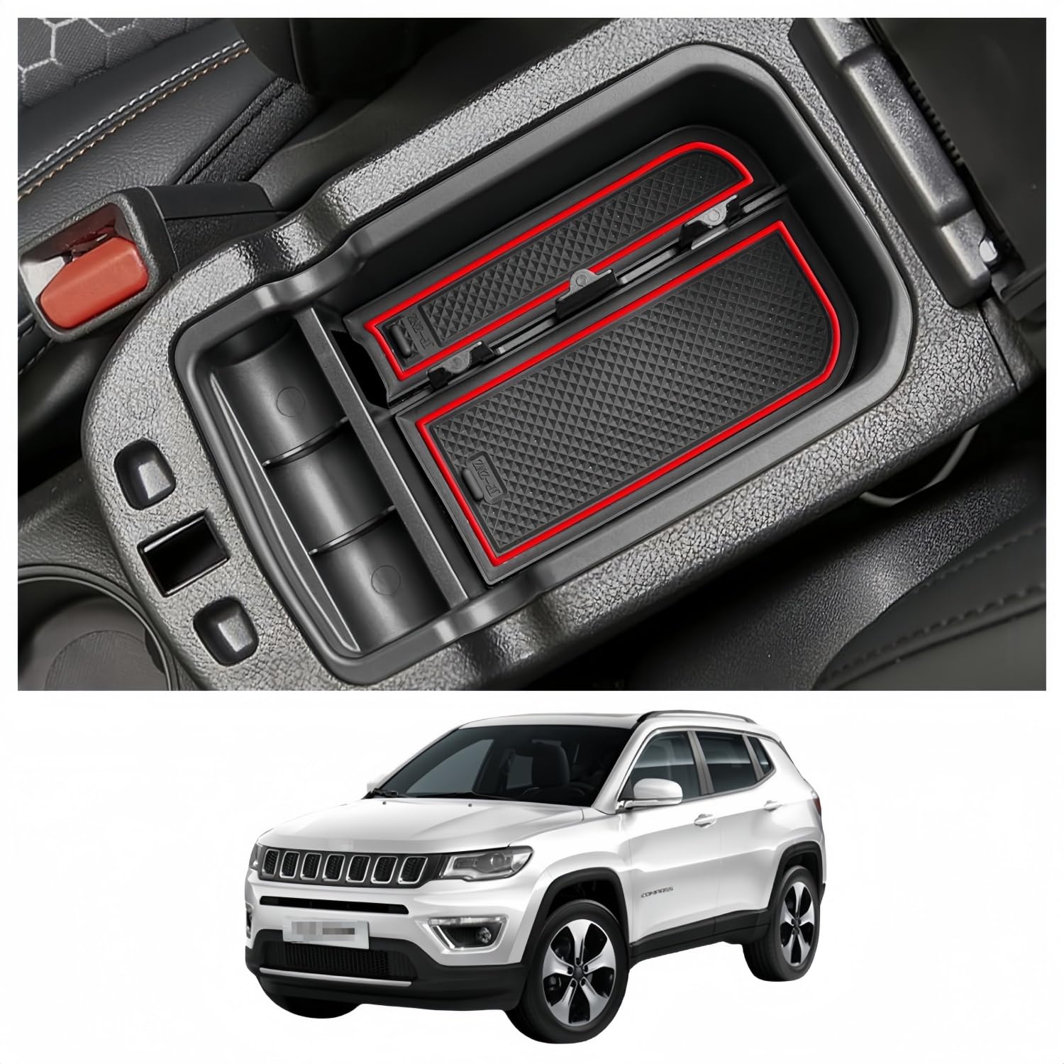 MEDZUK Kompatibel mit Jeep Compass 2017-2019 2020 Auto Mittelkonsole Aufbewahrungsbox Armlehnen Organizer Tray Zubehör mit Rutschfester Matte von MEDZUK