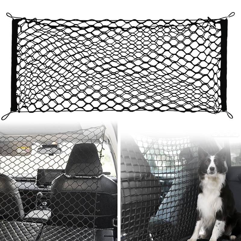 Schutzgitter Auto Barriere Trennnetz: Hundegitter Auto Hundeschutzgitter aus Polypropylen mit 4 Haken, Elastizität Hundegitter für den Kofferraum Doppelschicht Trenngitter Kofferraum Hund 120x90cm von MEGYAD