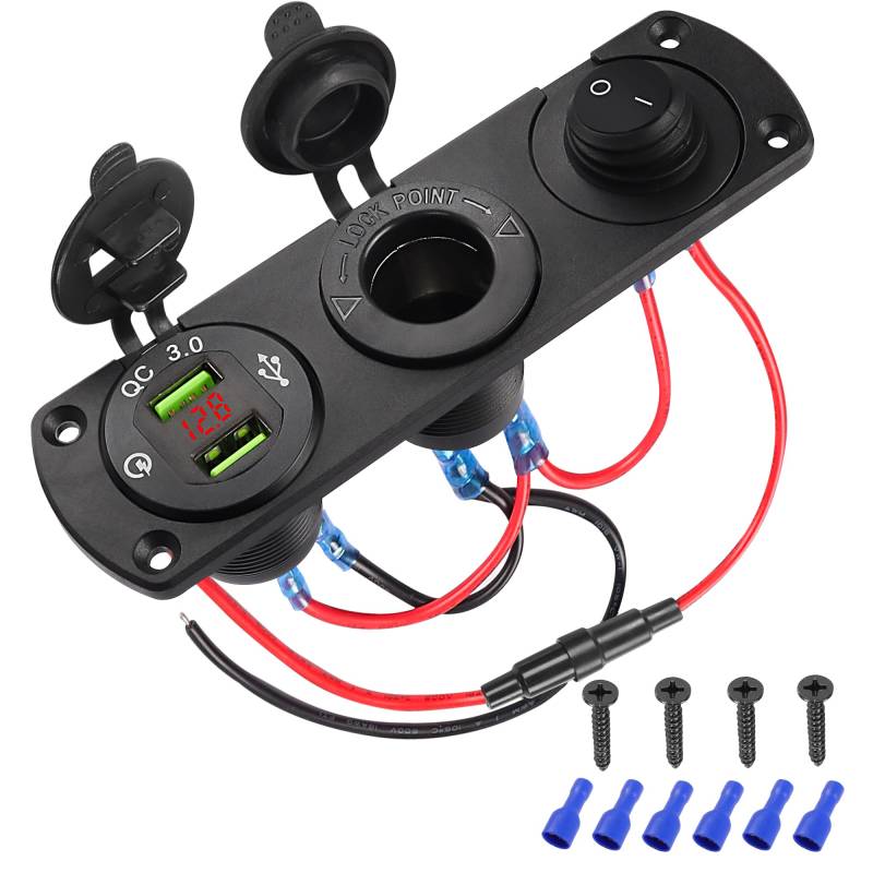 MEIRIYFA 12V RV Zigarettenanzünder Steckdose für Auto Dual QC 3.0 USB Steckdose Panel RV Steckdose Wasserdichte Ladegerät Vorverdrahtet 3 in 1 mit Digital Voltmeter/Schalter für Marine Boot von MEIRIYFA