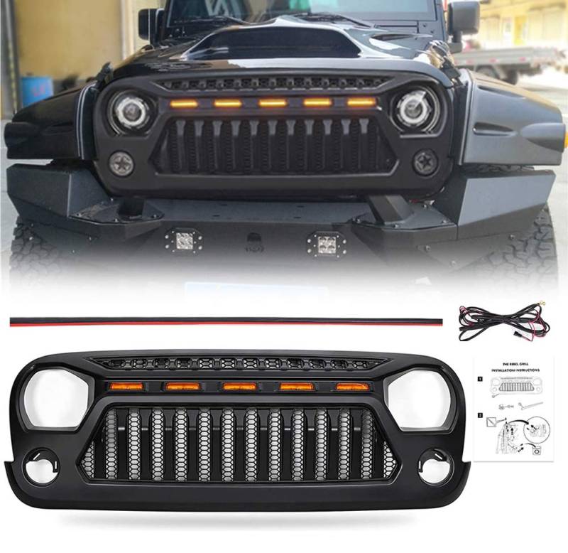 Haitu Front Grill for Jeep Accessories, Matte Black Angry Face Grill with 5 Amber Lights for Jeep Wrangler 2007-2017 JK Rubicon Sahara Sport JKU von MELARQT