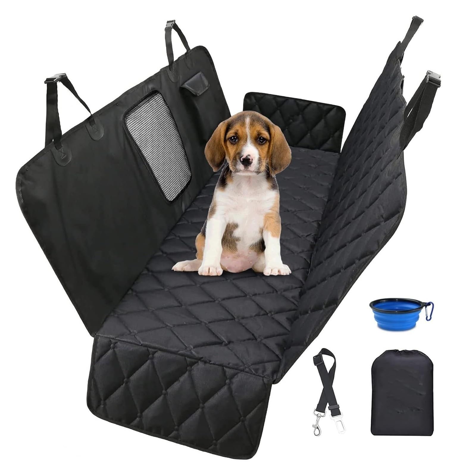 Autositzbezug for Hunde, wasserdichter Autositzbezug for Hunde mit Netzfenster, kratzfeste Reisehängematte for Haustiere, maschinenwaschbare, weich gepolsterte Schutzmatte for den Rücksitz(Black) von MEMEM