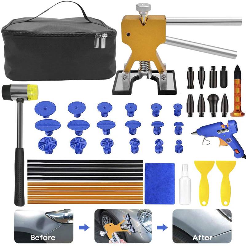 MENQANG Dent Repair Kit Werkzeuge, Body Dents Remover Kit 43 pcs Repair Tools Dellen Repair Tool Dellen Repair Pen und Gummihammer (Golden Plus Hammer) von MENQANG