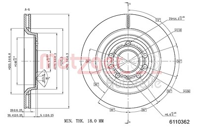 Metzger Bremsscheibe Hinterachse Belüftet [Hersteller-Nr. 6110362] für Cadillac, Fiat, Opel, Saab von METZGER