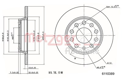 Metzger Bremsscheibe Hinterachse Voll [Hersteller-Nr. 6110389] für Audi, Seat von METZGER