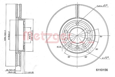 Metzger Bremsscheibe Vorderachse Belüftet [Hersteller-Nr. 6110156] für Cadillac, Fiat, Opel, Saab von METZGER