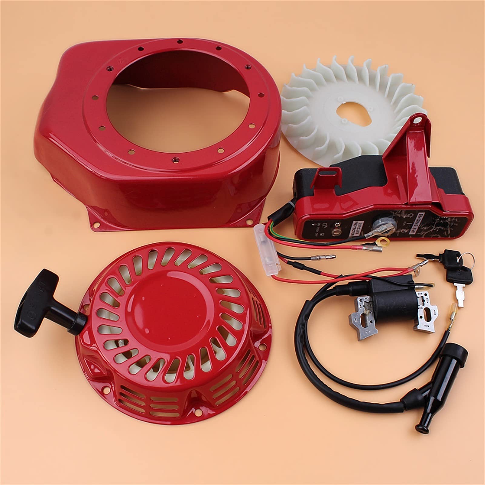 MEXWLOP Rückstoßstarter Startschalter Kühlgebläsegehäuse Zündspule Kit Motorgenerator Wasserpumpe for GX160 GX200 168F 2-3KW 19511-ZE1-000 30500-ZE1-033 Rückholfeder-Seilzugstarter von MEXWLOP