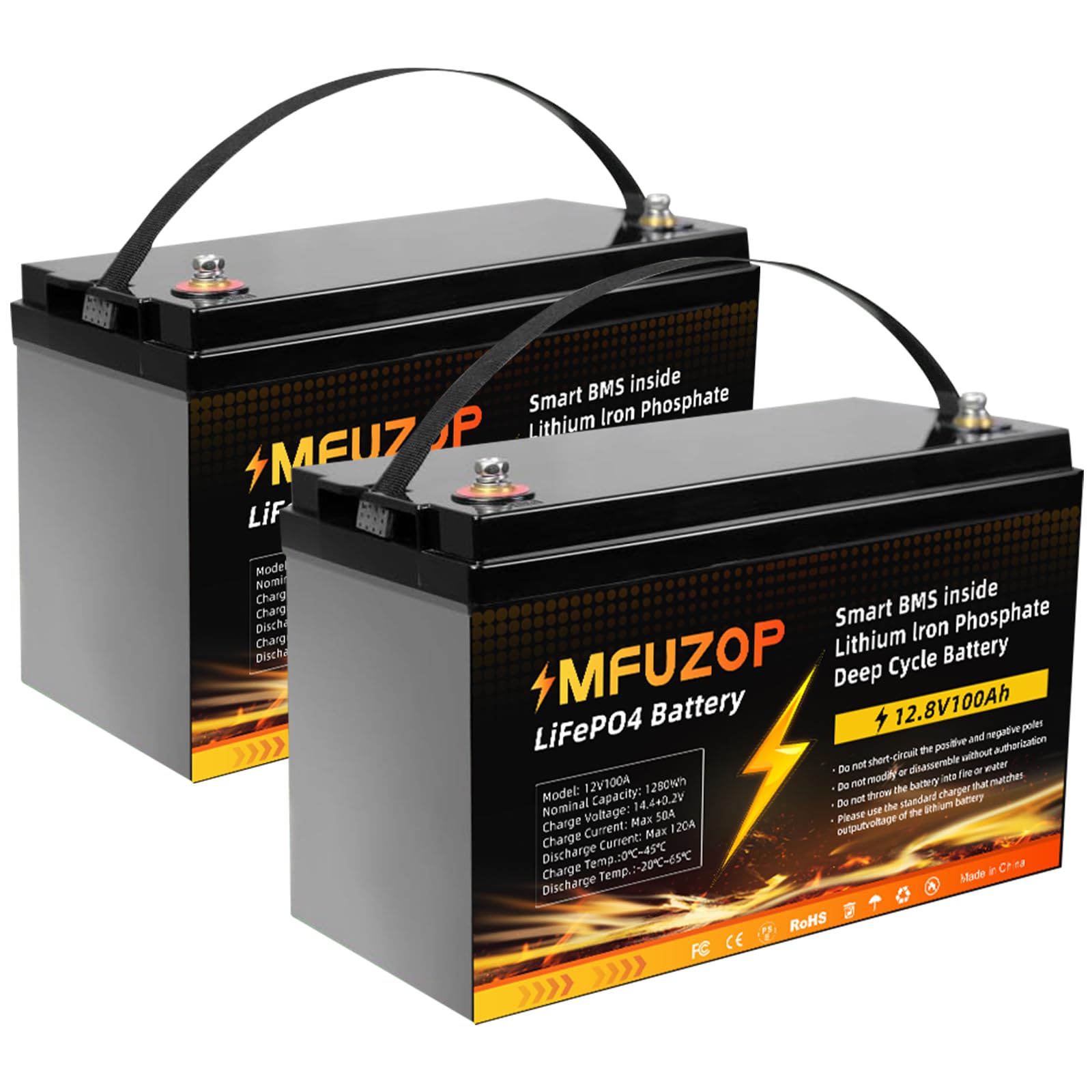 MFUZOP LiFePO4 12V 100Ah Batterie mit BMS Low Temperature Schutz und 15000 Zyklen Deep Cycle, MAX 1280Wh Leistung, Perfekter Ersatz für Wohnmobil, Solaranlage, Haushalt, Solarpanel, Camping - 2PC von MFUZOP