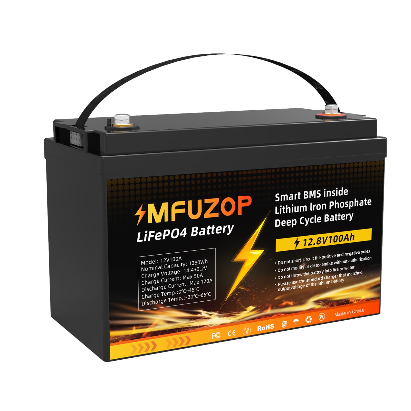 MFUZOP Batterie Lithium 12V 100AH, 1280Wh Lithium Akku, Wiederaufladbarer Lithium Lonen Batterie mit BMS, 15000 Mal Deep Cycle Batterien, für Schleppmotor, Fischfinder, Outdoor-Camping, Power-Räder von MFUZOP