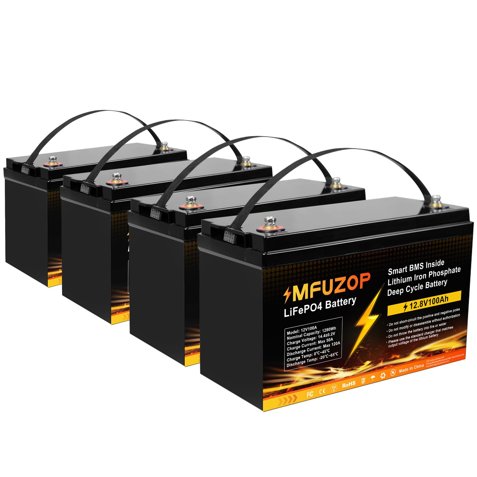 MFUZOP LiFePO4 12V 100Ah Pro Lithium Batterie, 1280Wh Kapazität mit 100A BMS, 15000 Zyklen, 10 Jahre Lebensdauer, Ideal für Wohnmobile, Boote, Solaranlagen und netzunabhängige Anwendungen – 4PC von MFUZOP