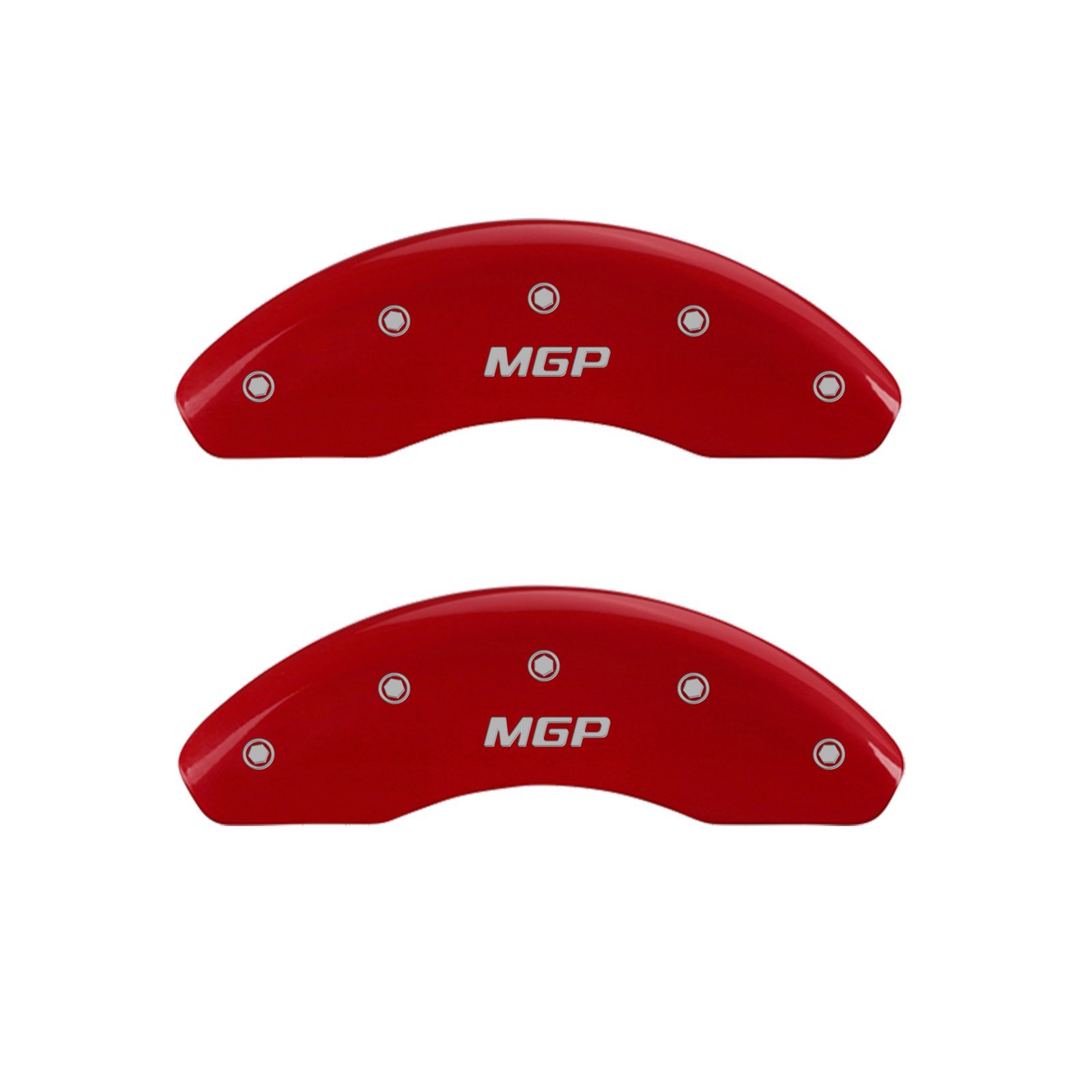 MGP Caliper Covers 23202SMGPRD Bremssattelabdeckung vorne und hinten, rot, pulverbeschichtet, 4 Stück (MGP-Silberzeichen, graviert) von MGP Caliper Covers