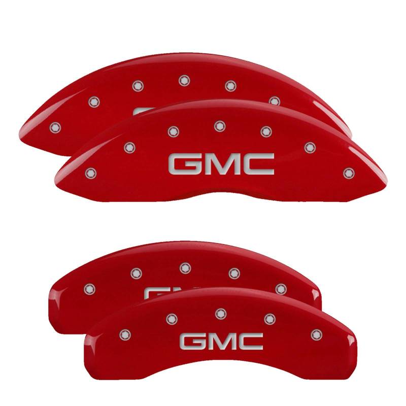 MGP Caliper Covers 34015SGMCRD Bremssattelabdeckung (rote Pulverbeschichtung, graviert vorne und hinten: GMC, silberfarbene Zeichen, 4 Stück) von MGP Caliper Covers