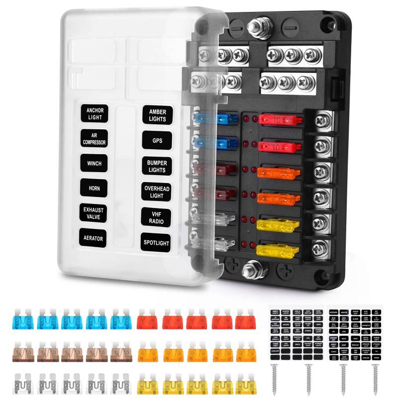 KFZ Sicherungshalter, MICTUNING 12V Sicherungsverteiler 12 Fach Sicherungskasten mit 30Pcs Sicherungen und LED-Anzeige für Wohnmobil Boot Camper von MICTUNING