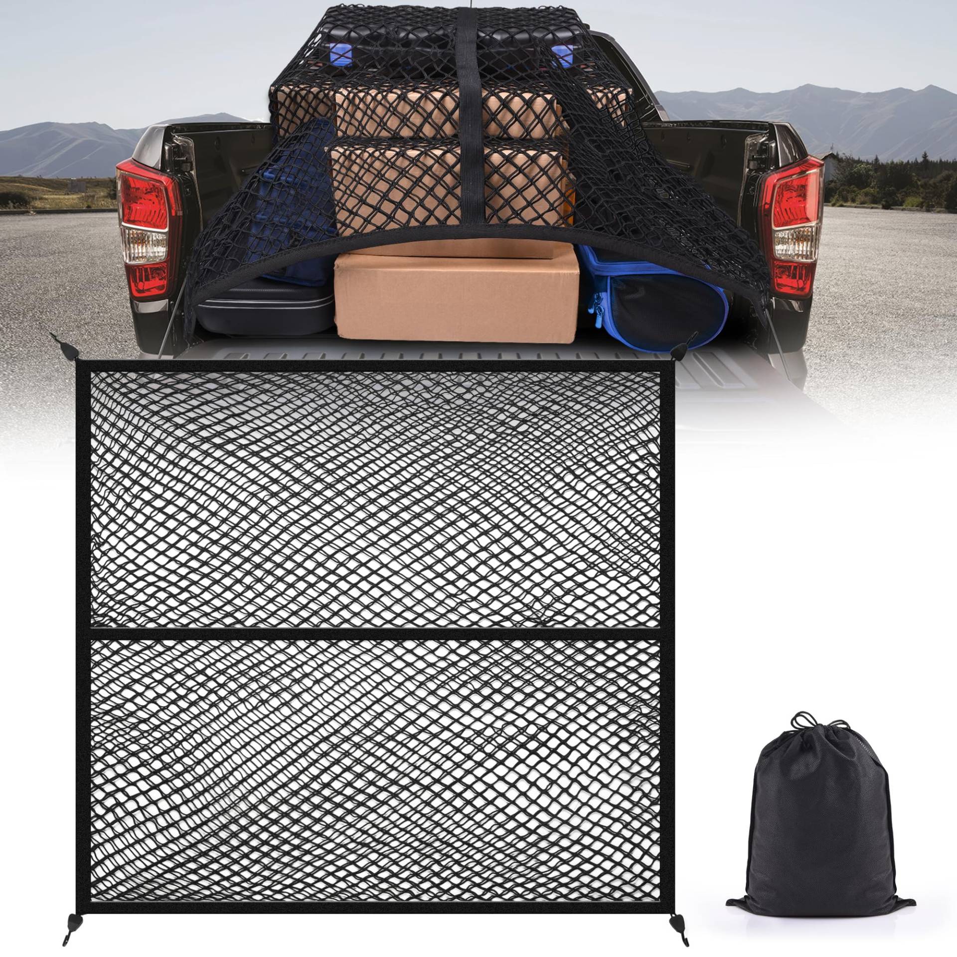 MICTUNING Gepäcknetz für LKW-Bett, elastisch, doppellagig, dehnbar, bis zu 2,1 m, Nylon-Aufbewahrungs-Organizer für Pickup, Kofferraum, SUV, Boot von MICTUNING