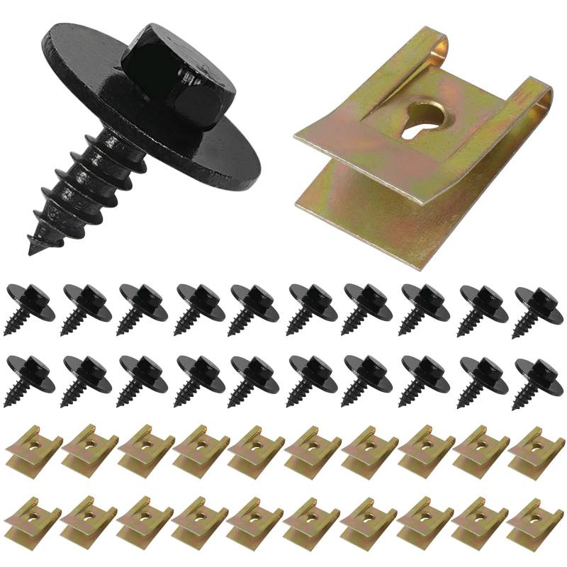 MIKKUPPA 20 Sätze Blechmutter Schraubenmutter Clips Set, 40 Stück Feder Blechnmutter und U Typ Karosserieschrauben, Kotflügelclip Blechmuttern Auto Befestigung Clips Satz von MIKKUPPA