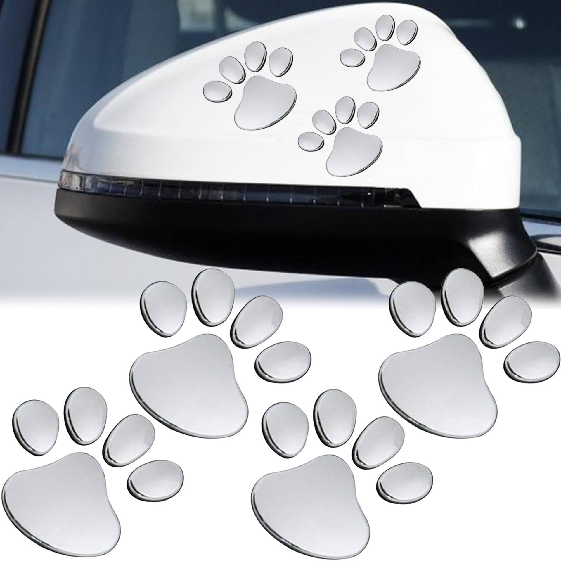 MINGZE 4 Stück 3D Chrom Hund Pfote Fußabdruck Auto Aufkleber, Autozubehör Pfotenabdruck Auto Emblem Aufkleber Dekoration Abzeichen (Silber) von MINGZE