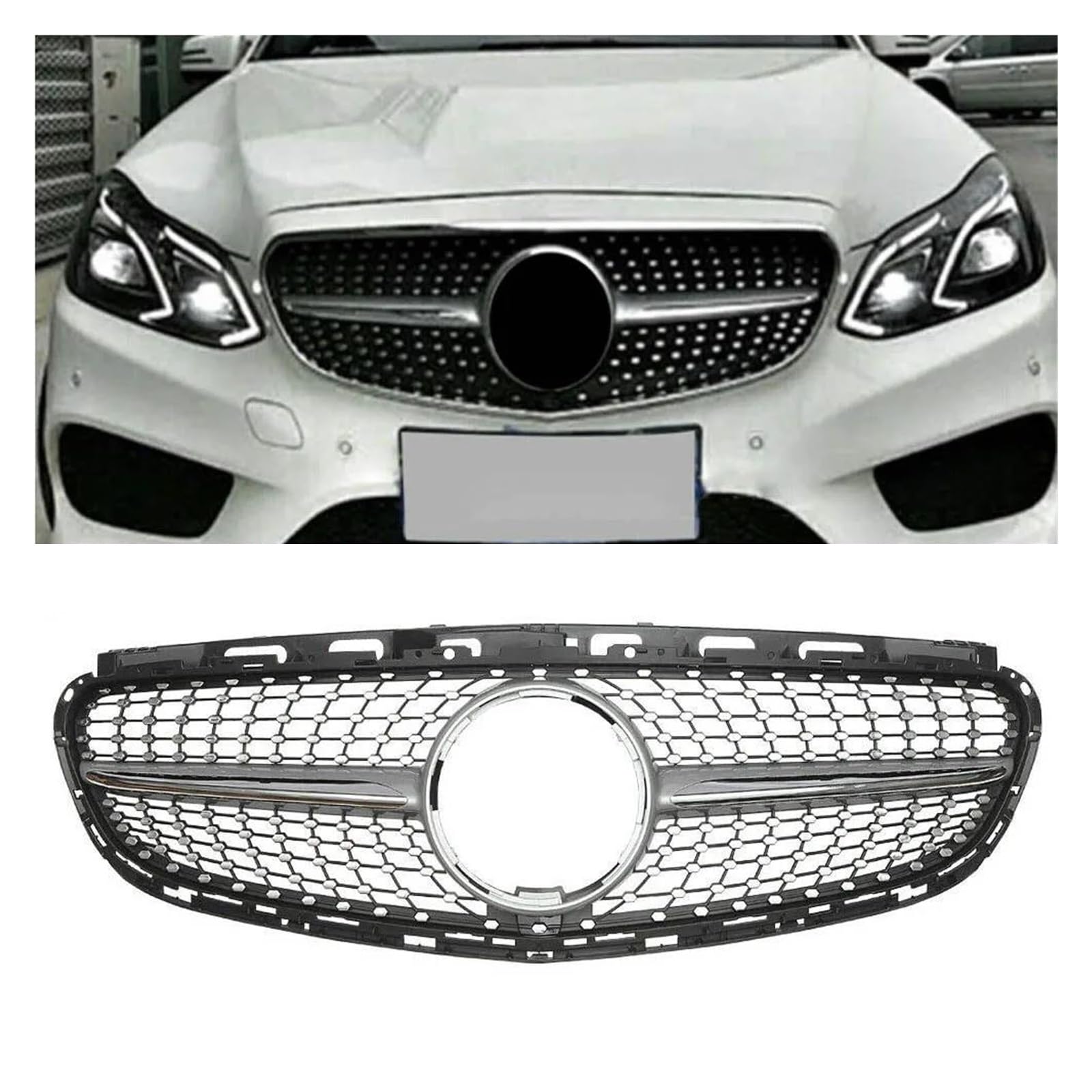 Kühler Für Benz Für E-Klasse W212 E250 E300 2014 2015 2016 Auto Frontstoßstange Kühlergrill Mesh Facelift Diamant Silber Schwarz Kühlergrill(Silber) von MINIKS