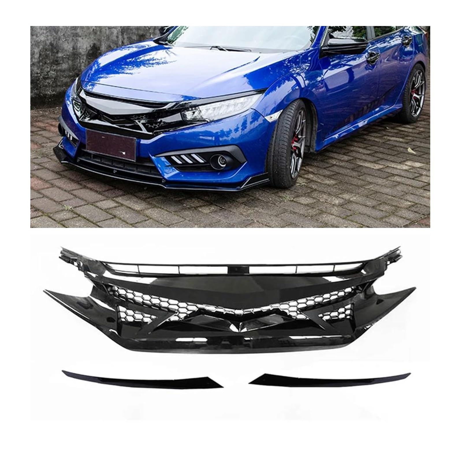 Kühler Für Civic 10. Generation 2016-2018 SI Fließheck Für Typ R-Modelle 2019-2021 Schwarzes Auto Obere Stoßstangenhaube Netzgitter Frontgrill Kühlergrill von MINIKS