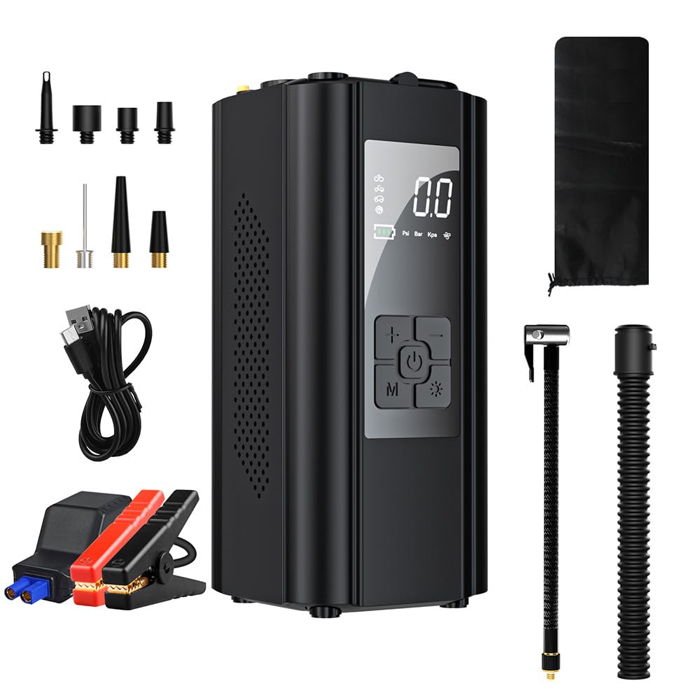 Auto Starthilfe Powerbank mit 150PSI Luftkompressor,4-in-1 Batterie Starthilfe mit LCD-Bildschirm,1000A Peak Power,10000 mAh Portable Starter Power Bank mit Taschenlampe (Schwarz) von MIOLOE