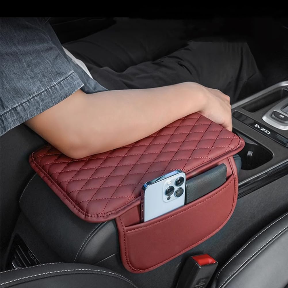 MIOLOE Auto Armlehne Abdeckung, Universal Leder Auto Mittelkonsole Abdeckung Memory Schaumstoff Armlehne Abdeckung Kissen mit Organizer Taschen Auto Innenraum Zubehör (Rot, Eingedickt) von MIOLOE