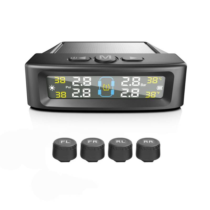 MIOLOE TPMS Reifendrucküberwachungssystem, Solar-Reifendrucksensor mit 4 externen Sensoren & LCD-Display, 0-73PSI drahtloses Auto-Reifendruckmessgerät Echtzeit-Alarmsystem (Schwarz) von MIOLOE