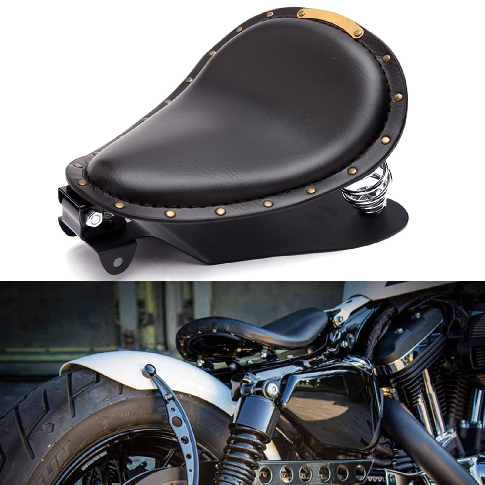 Motorrad Leder Solo Sitz, Motorrad Sitz Mit Frühling Grundplatte für Bobber Sportster XL1200 883 48 Dyna Softail(Schwarz) von MISS MOLY