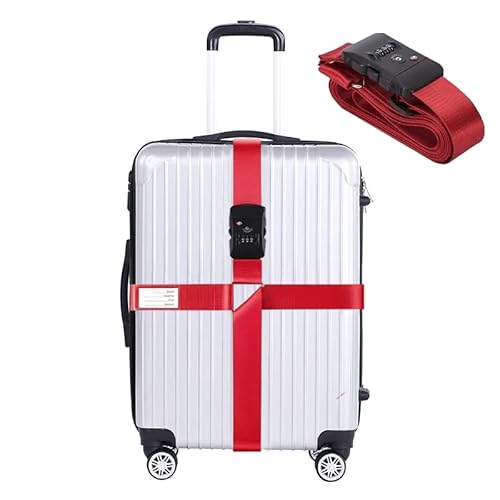 Koffergurt mit Zahlenschloss TSA Kofferband mit adressschild Verstellbar Kreuzgurt mit kofferanhänger Bunt Gepäckgurt Gepäckband für 20-32 Zoll Reise Koffer Reisezubehör (Rot-TSA) von MISUMOR