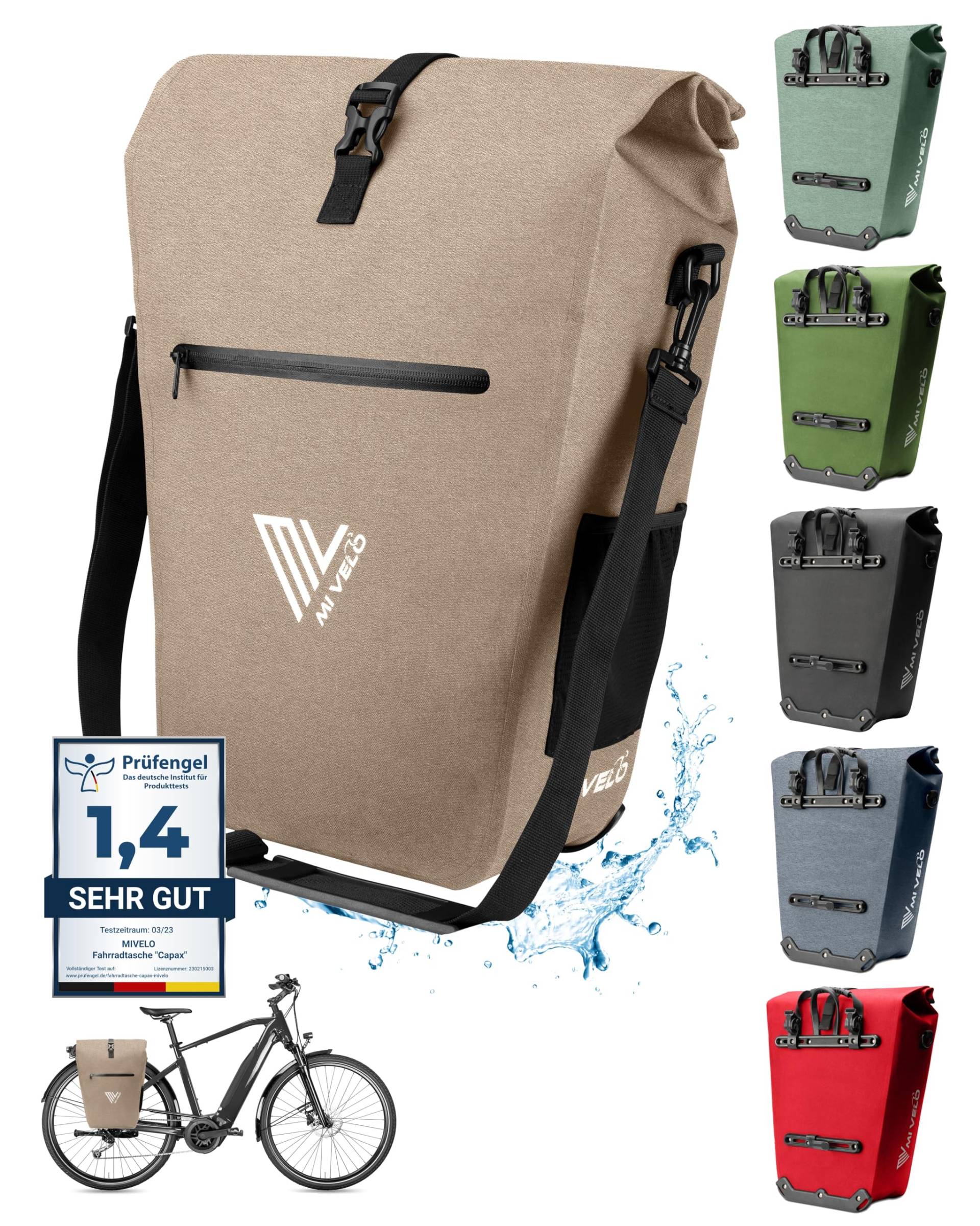 MIVELO 2in1 Fahrradtasche Gepäckträgertasche wasserdicht 100% PVC frei + Laptopfach – Fahrrad Tasche für Gepäckträger 1 STK Sand-beige von MIVELO