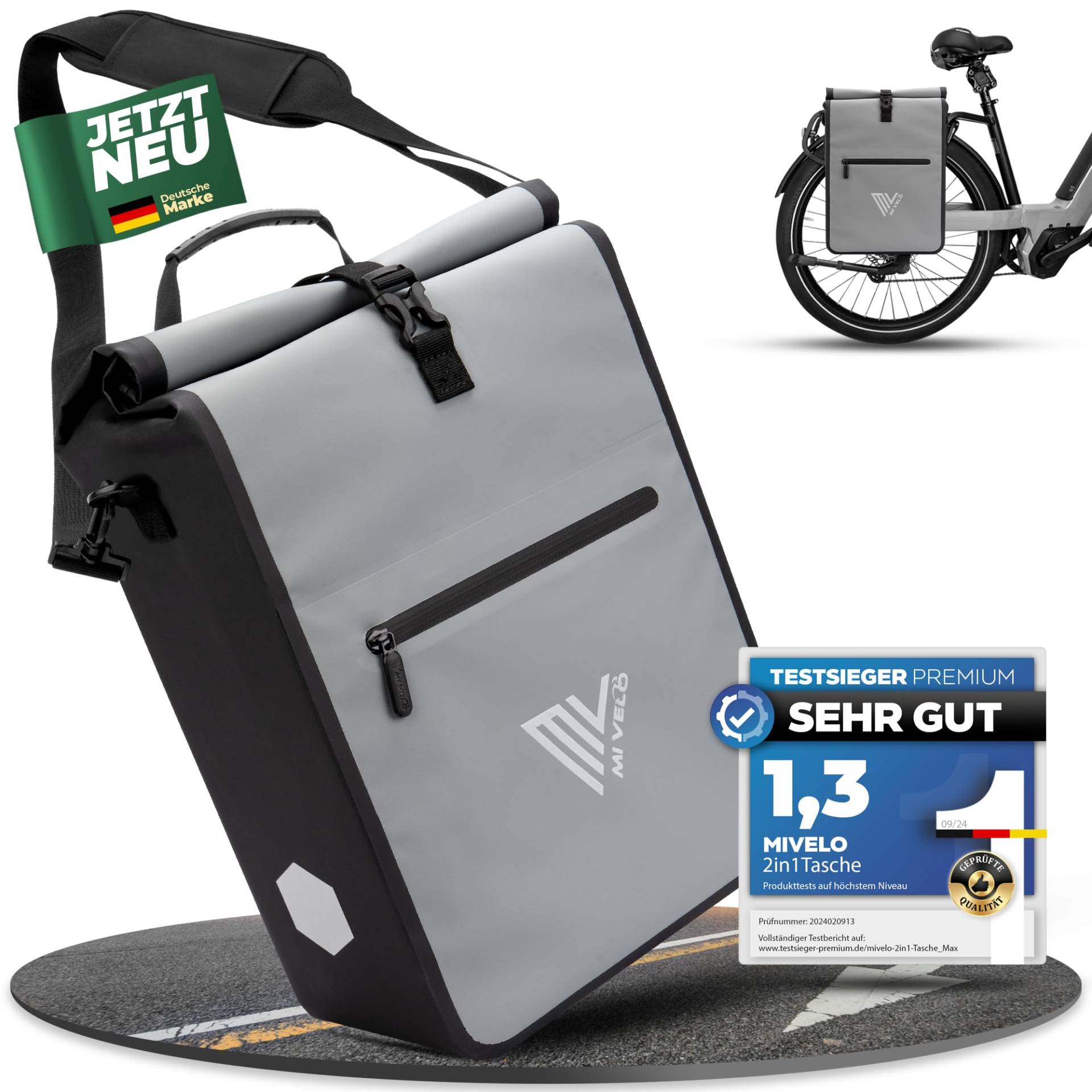 MIVELO 2in1 Fahrradtasche für Gepäckträger Gepäckträgertasche 100% wasserdicht Fahrrad Tasche für Gepäckträger (Grau, 25L) von MIVELO