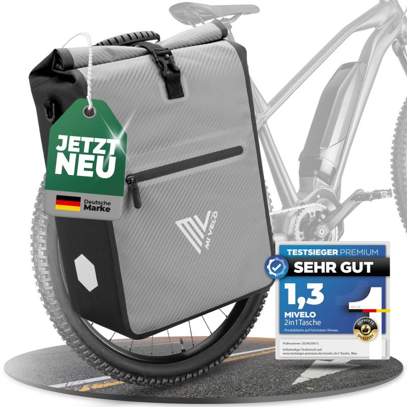 MIVELO 2in1 Fahrradtasche für Gepäckträger Gepäckträgertasche 100% wasserdicht Fahrrad Tasche für Gepäckträger (Grau-Carbon, 22L) von MIVELO