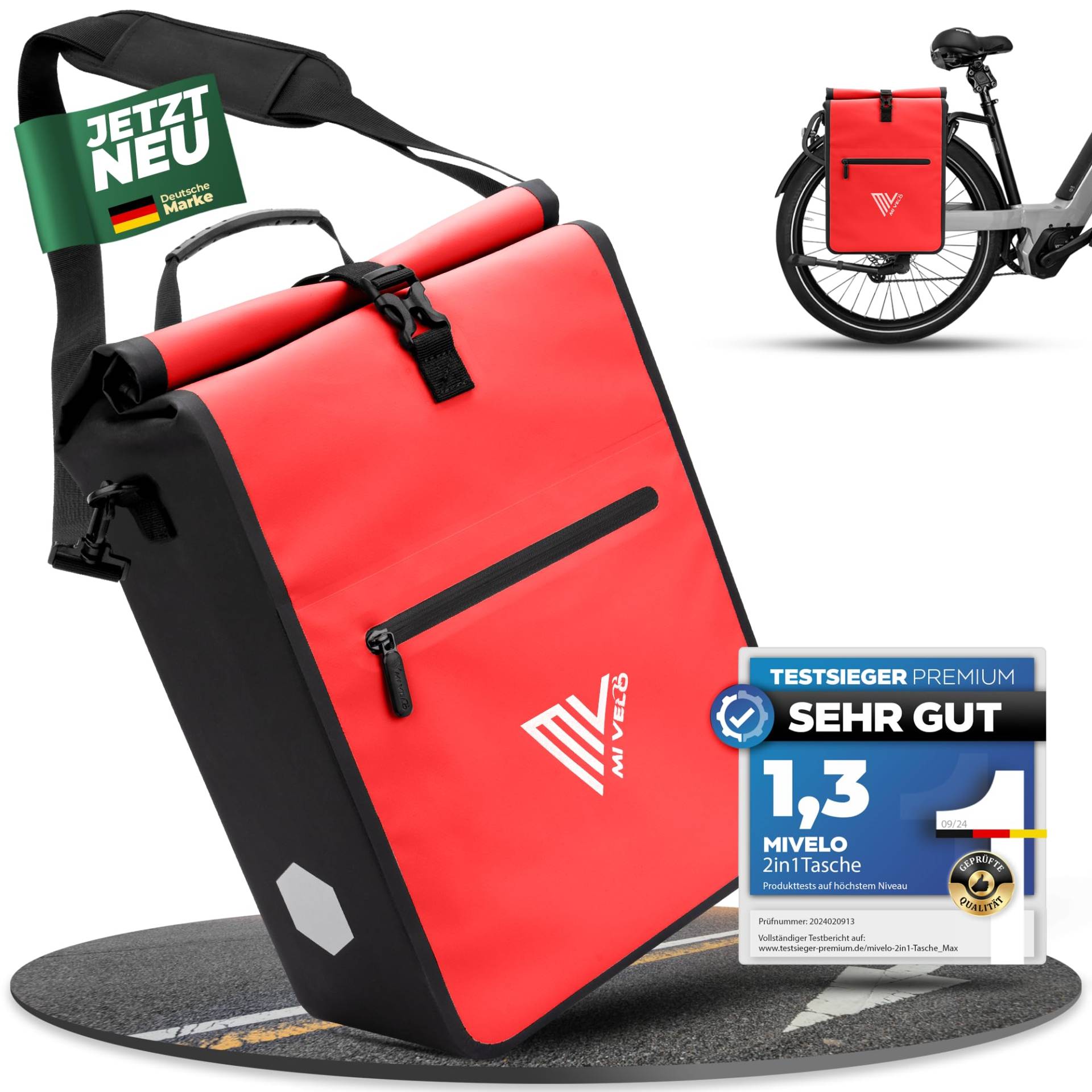 MIVELO 2in1 Fahrradtasche für Gepäckträger Gepäckträgertasche 100% wasserdicht Fahrrad Tasche für Gepäckträger (Rot, 25L) von MIVELO