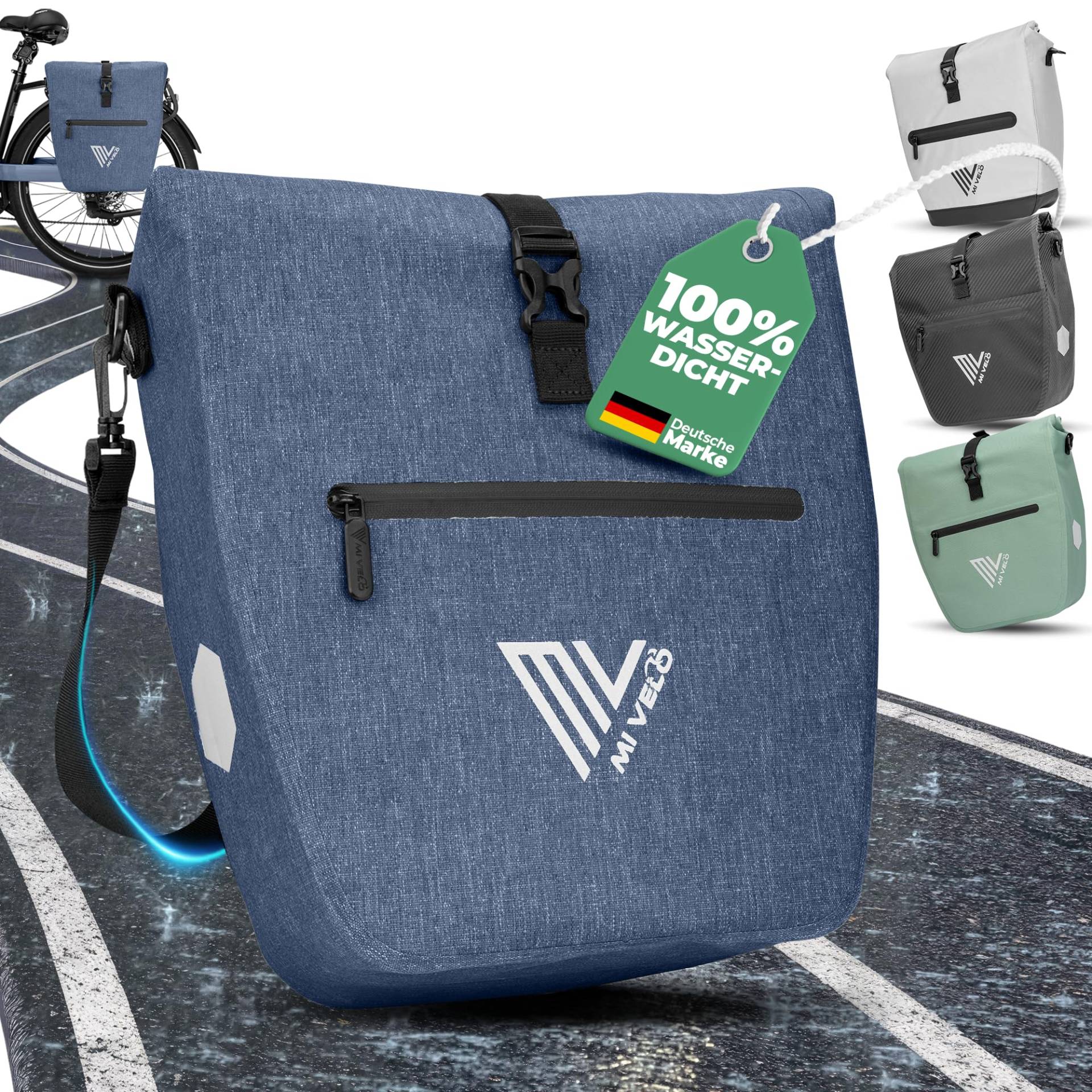 MIVELO 2in1 Fahrradtasche für Gepäckträger - Gepäckträgertasche wasserdicht - Inkl. gepolstertem Laptopfach & Schultergurt - Tasche für Fahrrad I Packtasche 20L (Jeansblau) von MIVELO