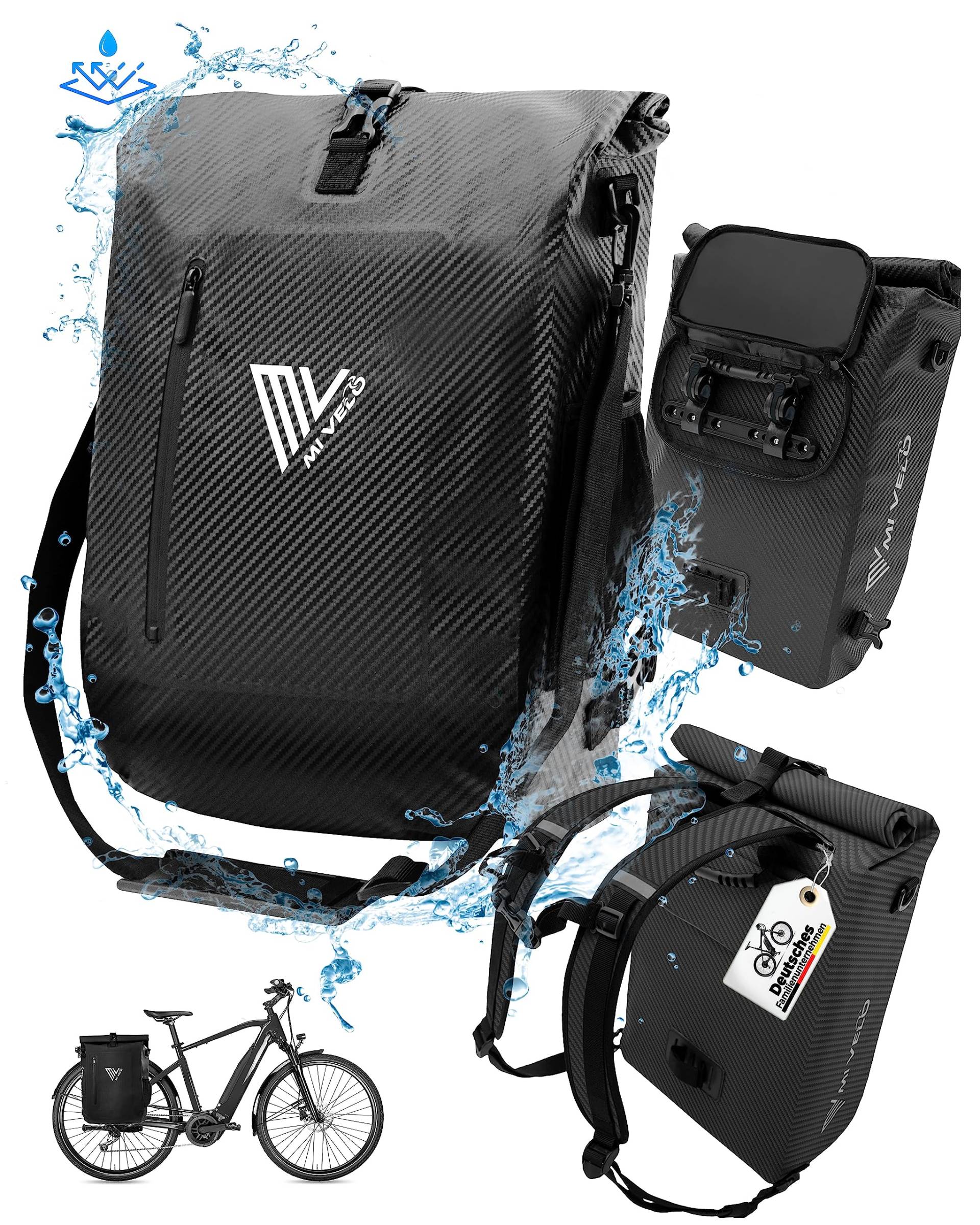 MIVELO - 3 in 1 Fahrradtasche - Rucksack - Schultertasche wasserdicht 100% PVC frei, mit gepolstertem Laptopfach, für Fahrrad Gepäckträger I Gepäckträgertasche mit Rucksack 1 STK (Carbon, 20L) von MIVELO