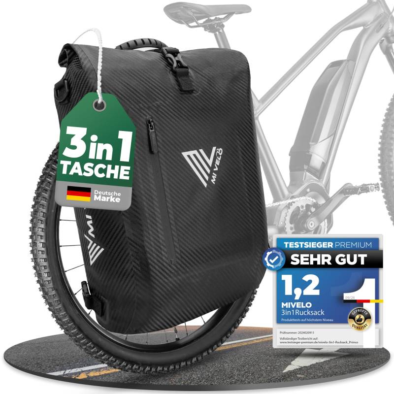 MIVELO - 3 in 1 Fahrradtasche - Rucksack - Schultertasche wasserdicht 100% PVC frei, mit gepolstertem Laptopfach, für Fahrrad Gepäckträger I Gepäckträgertasche mit Rucksack 1 STK (Carbon, 20L) von MIVELO