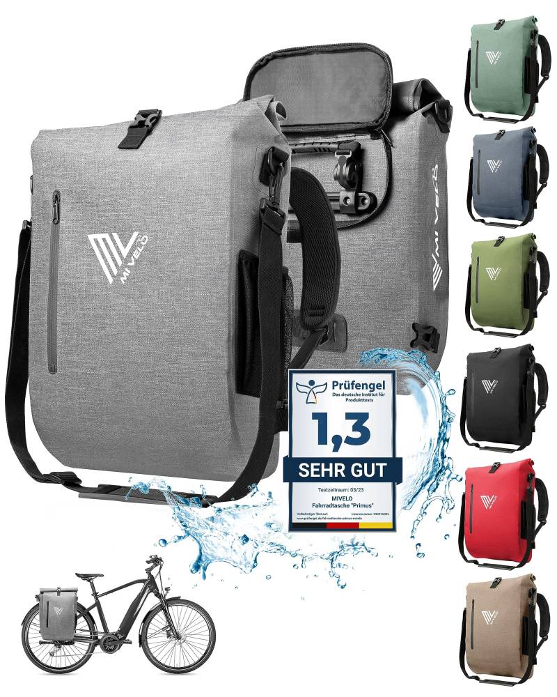 MIVELO - 3 in 1 Fahrradtasche - Rucksack - Schultertasche wasserdicht 100% PVC frei, mit gepolstertem Laptopfach, für Fahrrad Gepäckträger I Gepäckträgertasche mit Rucksack 1 STK (Grau, 20L) von MIVELO