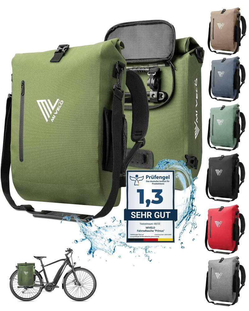 MIVELO - 3 in 1 Fahrradtasche - Rucksack - Schultertasche wasserdicht 100% PVC frei, mit gepolstertem Laptopfach, für Fahrrad Gepäckträger I Gepäckträgertasche mit Rucksack 1 STK (Olivgrün, 20L) von MIVELO