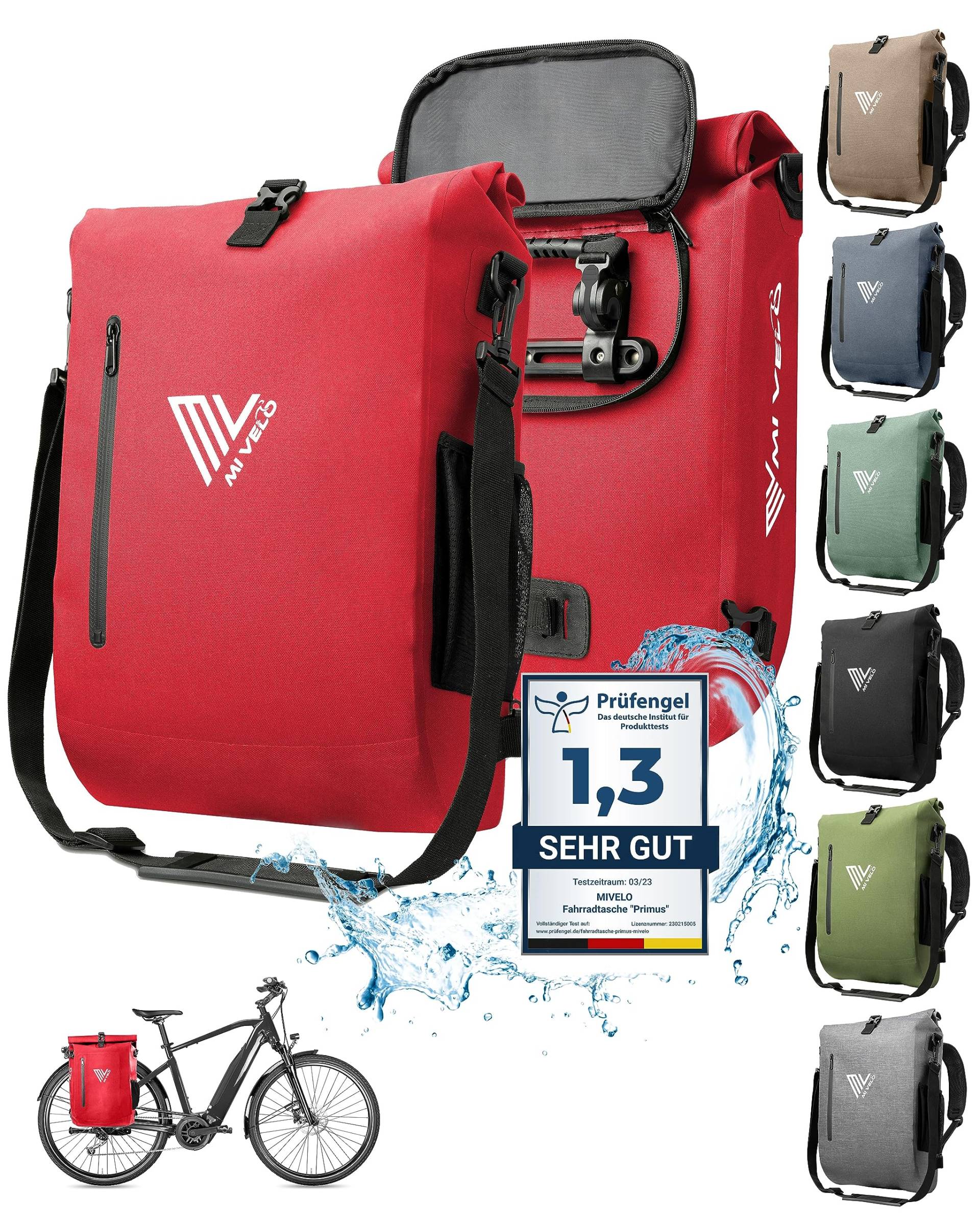 MIVELO - 3 in 1 Fahrradtasche - Rucksack - Schultertasche wasserdicht 100% PVC frei, mit gepolstertem Laptopfach, für Fahrrad Gepäckträger I Gepäckträgertasche mit Rucksack 1 STK (Rot, 20L) von MIVELO