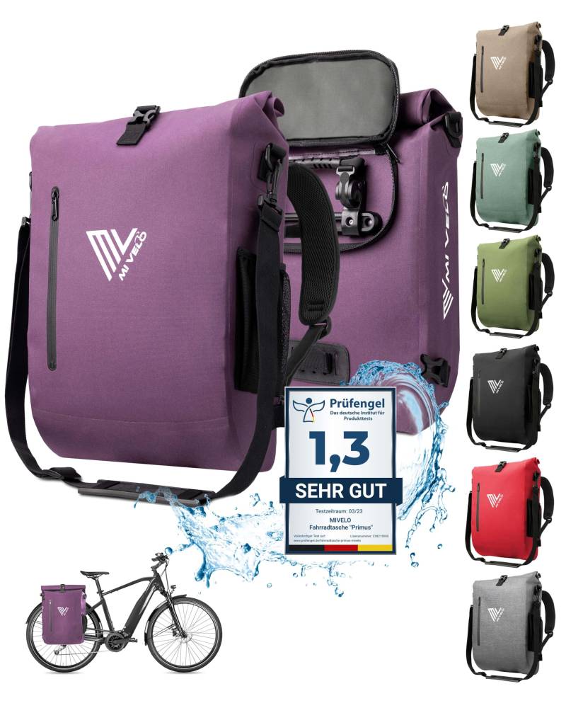 MIVELO - 3 in 1 Fahrradtasche - Rucksack - Schultertasche wasserdicht 100% PVC frei, mit gepolstertem Laptopfach, für Fahrrad Gepäckträger I Gepäckträgertasche mit Rucksack 1 STK (Flieder, 20L) von MIVELO