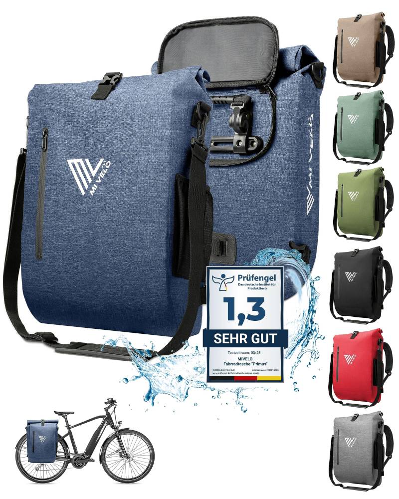 MIVELO - 3 in 1 Fahrradtasche - Rucksack - Schultertasche wasserdicht 100% PVC frei, mit gepolstertem Laptopfach, für Fahrrad Gepäckträger I Gepäckträgertasche mit Rucksack 1 STK (Jeans-blau, 20L) von MIVELO