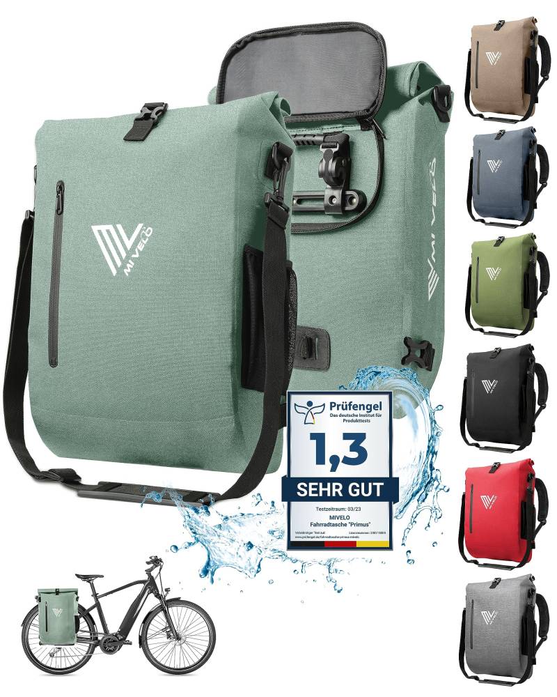 MIVELO - 3 in 1 Fahrradtasche - Rucksack - Schultertasche wasserdicht 100% PVC frei, mit gepolstertem Laptopfach, für Fahrrad Gepäckträger I Gepäckträgertasche mit Rucksack 1 STK (Mint, 20L) von MIVELO