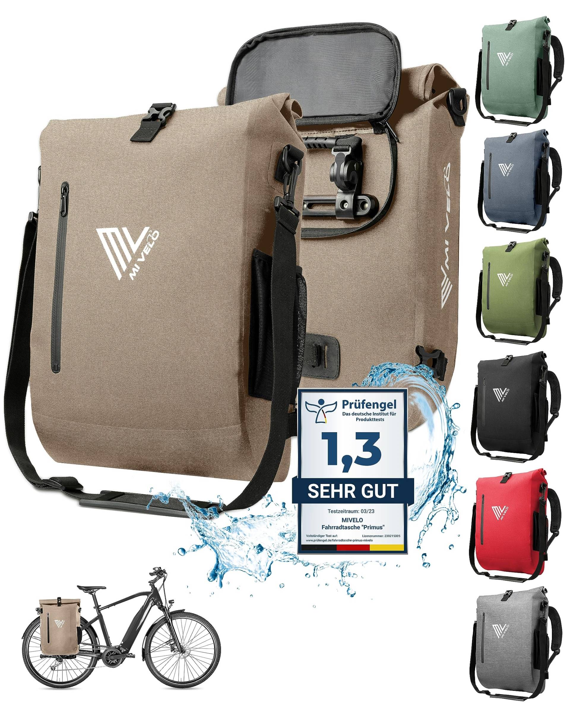 MIVELO - 3 in 1 Fahrradtasche - Rucksack - Schultertasche wasserdicht 100% PVC frei, mit gepolstertem Laptopfach, für Fahrrad Gepäckträger I Gepäckträgertasche mit Rucksack 1 STK (Sand-beige, 20L) von MIVELO