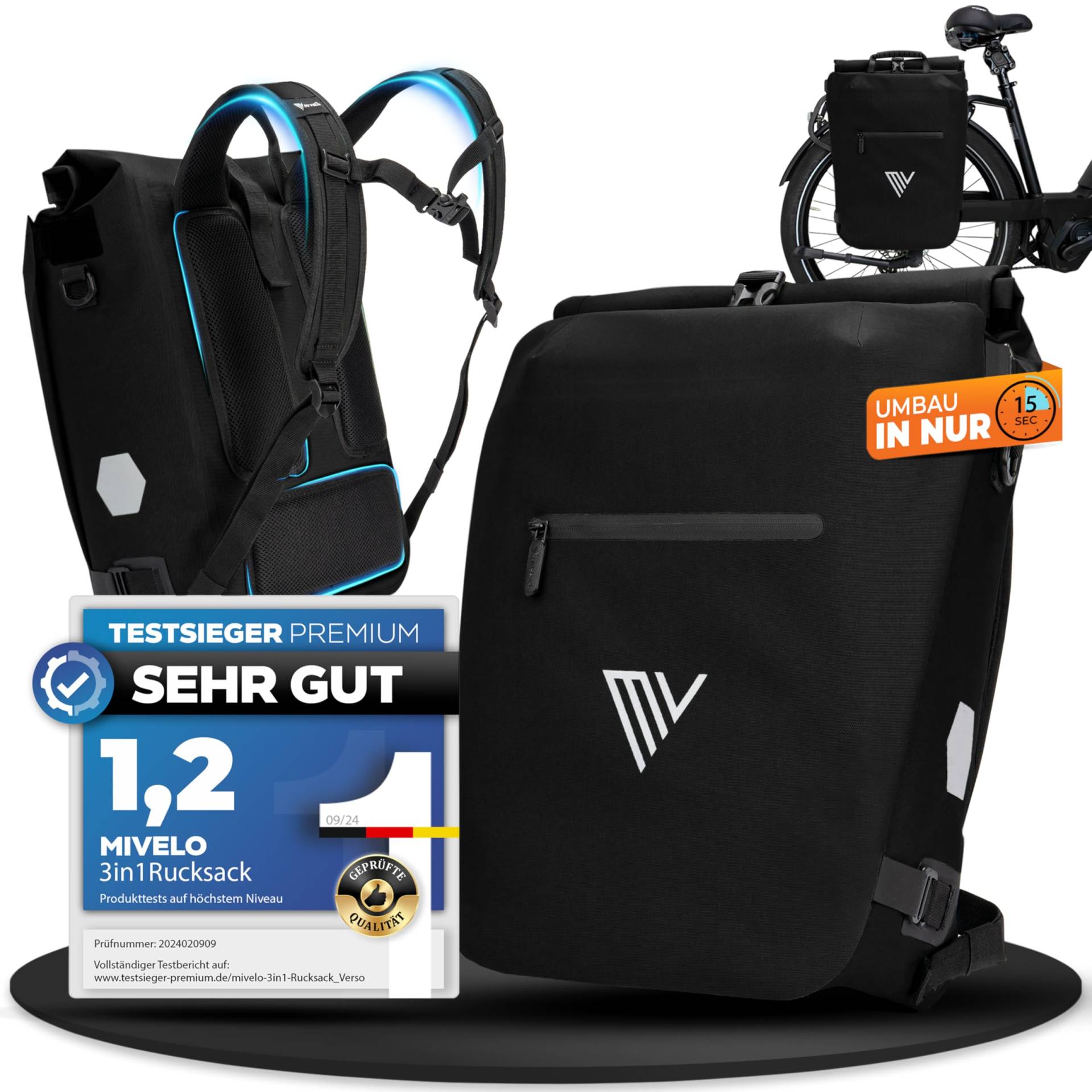 MIVELO 3in1 Fahrradtasche für Gepäckträger I Rucksack, Gepäckträgertasche hinten & Umhängetasche Fahrrad - In 15 Sekunden umgebaut I Bequemer Fahrradrucksack I 100% wasserdichte Tasche (Schwarz) von MIVELO