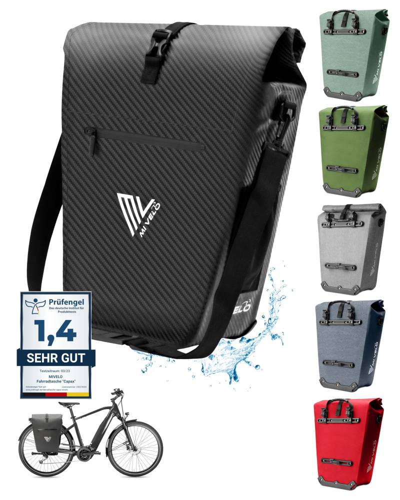 MIVELO 2in1 Fahrradtasche Gepäckträgertasche 100% wasserdicht + Laptopfach – Fahrrad Tasche für Gepäckträger 1 STK (Carbon, 25L) von MIVELO