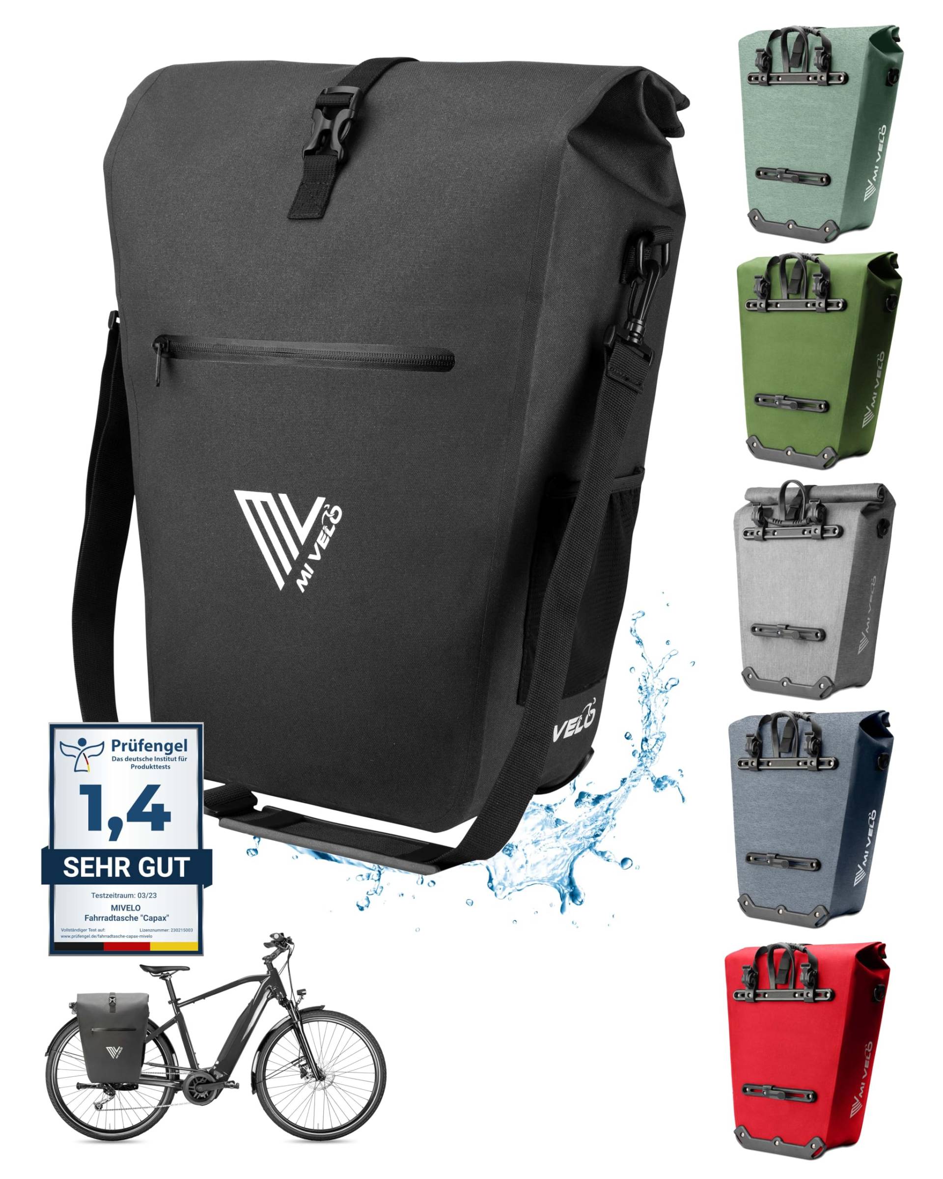 MIVELO 2in1 Fahrradtasche Gepäckträgertasche wasserdicht 100% PVC frei + Laptopfach + Schultergurt – Fahrrad Tasche für Gepäckträger 1 STK (25L) schwarz von MIVELO