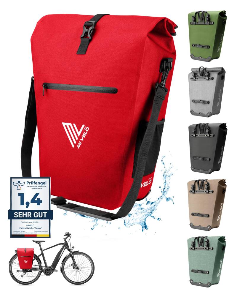 MIVELO 2in1 Fahrradtasche Gepäckträgertasche wasserdicht 100% PVC frei + Laptopfach + Schultergurt – Fahrrad Tasche für Gepäckträger 1 STK (Rot, 25L) von MIVELO