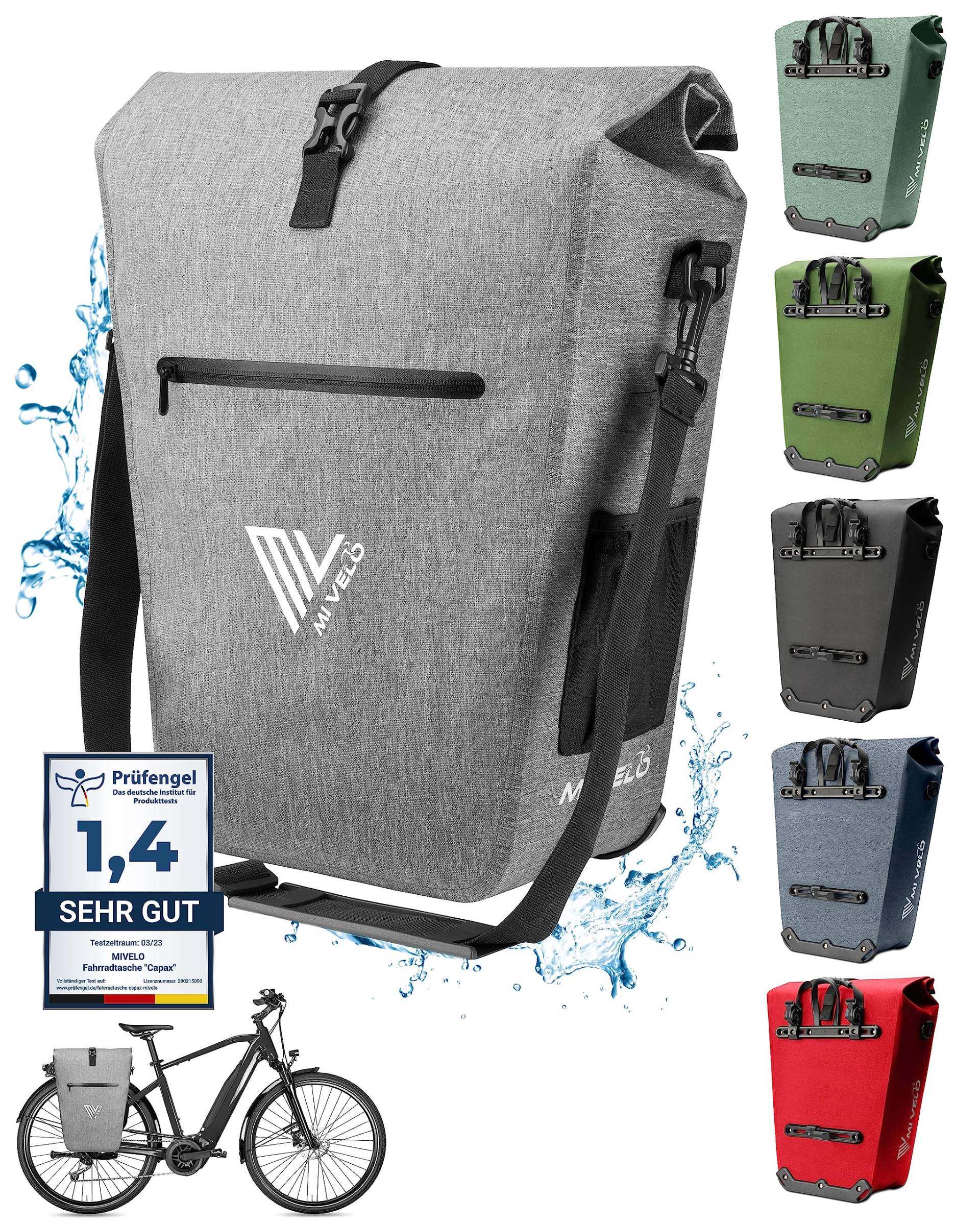 MIVELO 2in1 Fahrradtasche Gepäckträgertasche wasserdicht 100% PVC frei + Laptopfach + Schultergurt – Fahrrad Tasche für Gepäckträger 1 STK grau von MIVELO