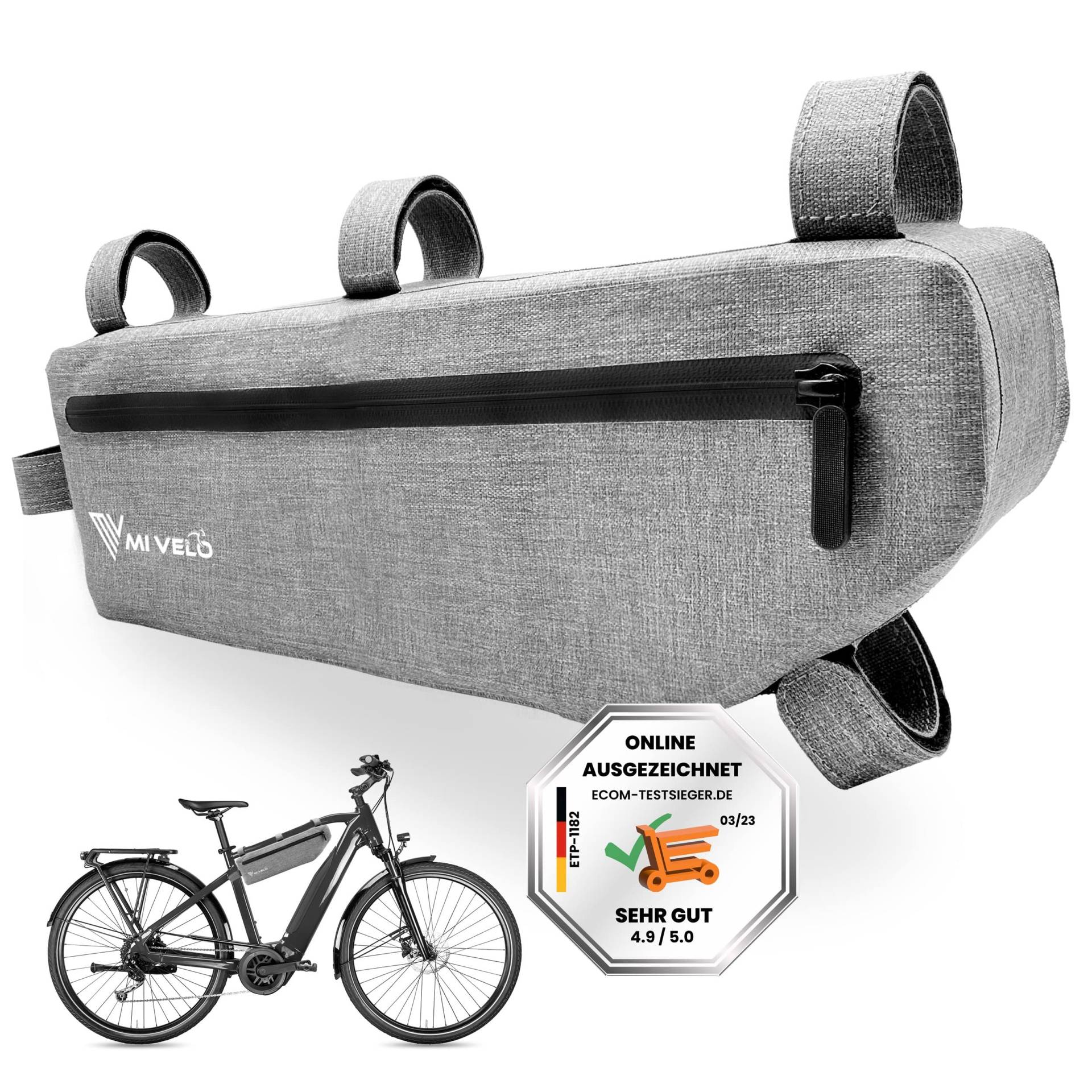 MIVELO Fahrradtasche Rahmen - Rahmentasche Fahrrad - 100% recyclebar und wasserdicht - Oberrohrtasche - 3L grau von MIVELO