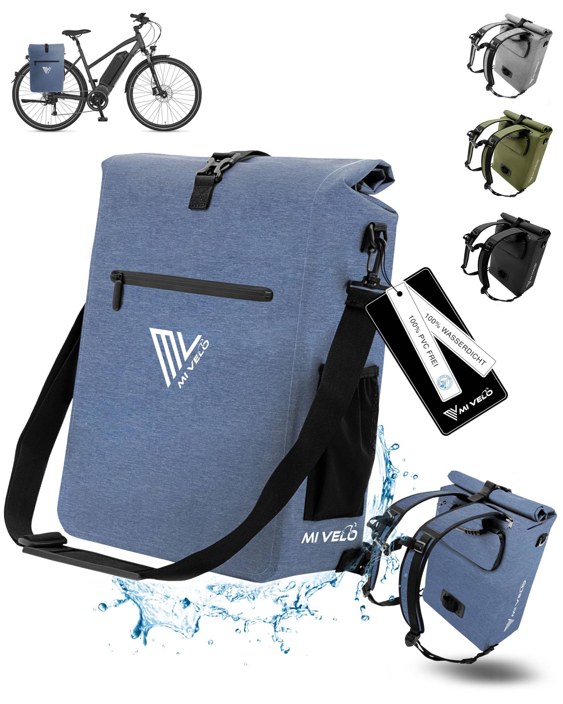 MIVELO Fahrradtasche für Gepäckträger - 3in1 Gepäckträgertasche Rucksack Umhängetasche - 100% wasserdicht und PVC-frei - mit herausnehmbarer Laptoptasche (Jeansblau) von MIVELO