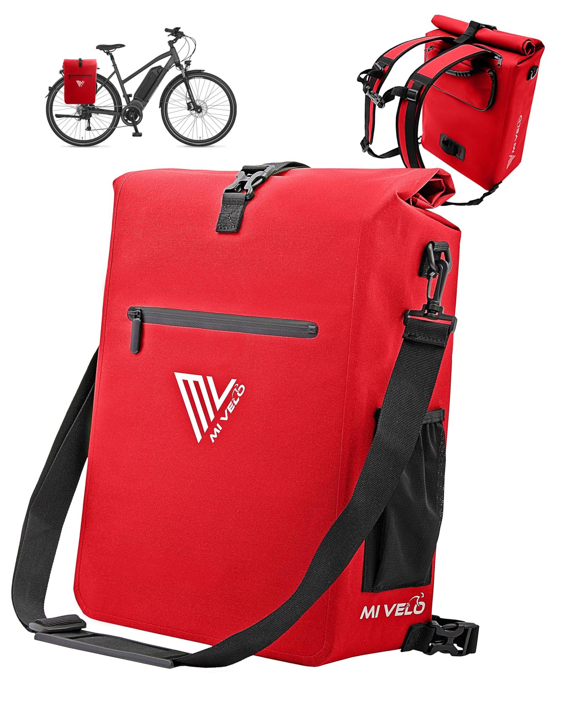 MIVELO Fahrradtasche für Gepäckträger - 3in1 Gepäckträgertasche Rucksack Umhängetasche - 100% wasserdicht und PVC-frei - mit herausnehmbarer Laptoptasche (Rot) von MIVELO